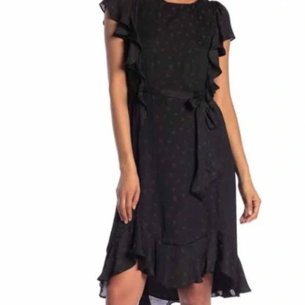 NWT Max Studio Womens Black Star Print Ruffle Trim Dress